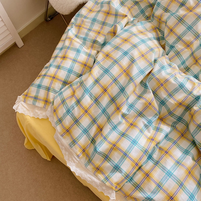 91家纺网 家纺一手货源 找家纺 艾沁 2021新款纯棉彩色条格刺绣花边系列四件套 芒果黄