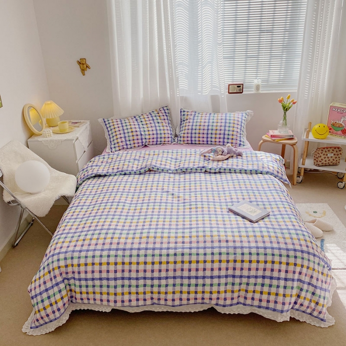 91家纺网 家纺一手货源 找家纺 艾沁 2021新款纯棉彩色条格刺绣花边系列四件套 紫条格