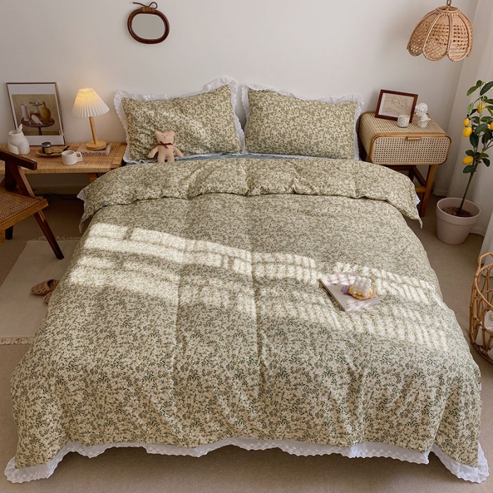 91家纺网 家纺一手货源 找家纺 艾沁 2021新款韩国刺绣花边小碎花系列四件套 绿枝