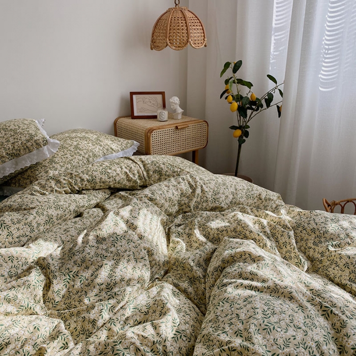 91家纺网 家纺一手货源 找家纺 艾沁 2021新款韩国刺绣花边小碎花系列四件套 绿枝