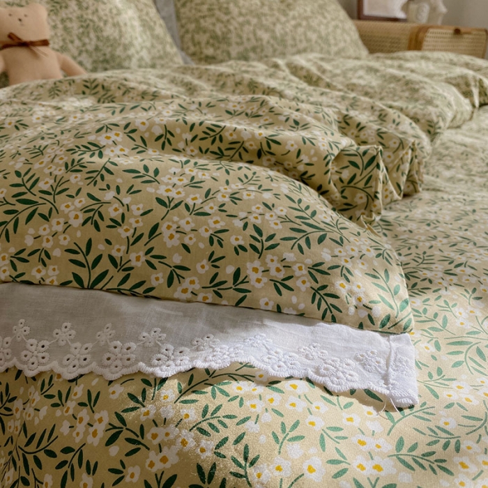 91家纺网 家纺一手货源 找家纺 艾沁 2021新款韩国刺绣花边小碎花系列四件套 绿枝