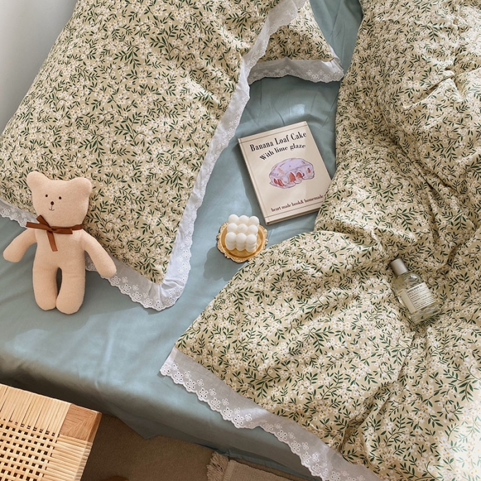 91家纺网 家纺一手货源 找家纺 艾沁 2021新款韩国刺绣花边小碎花系列四件套 绿枝