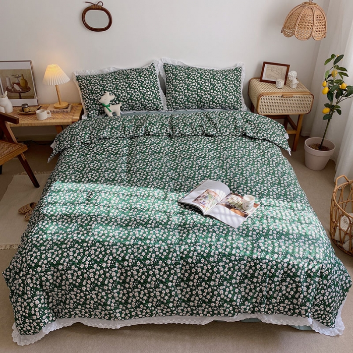 91家纺网 家纺一手货源 找家纺 艾沁 2021新款韩国刺绣花边小碎花系列四件套 抹绿