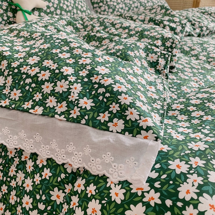 91家纺网 家纺一手货源 找家纺 艾沁 2021新款韩国刺绣花边小碎花系列四件套 抹绿