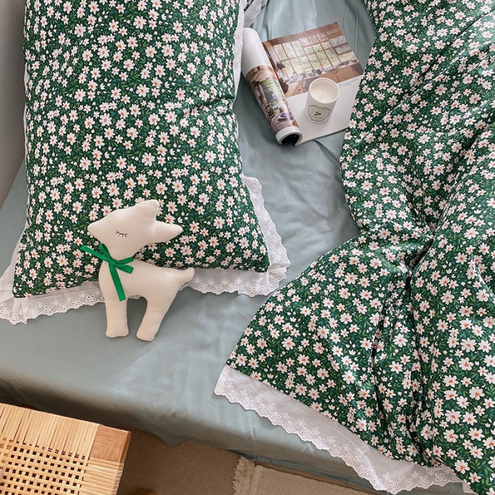 91家纺网 家纺一手货源 找家纺 艾沁 2021新款韩国刺绣花边小碎花系列四件套 抹绿