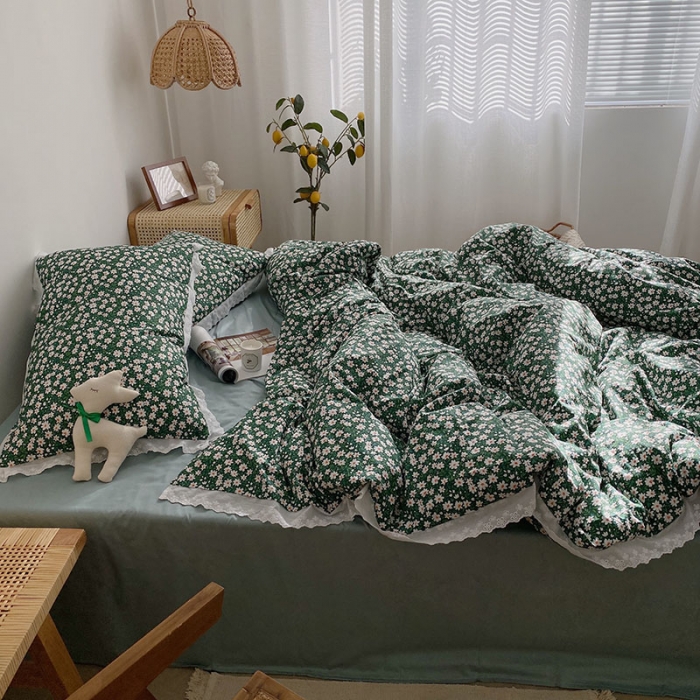 91家纺网 家纺一手货源 找家纺 艾沁 2021新款韩国刺绣花边小碎花系列四件套 抹绿