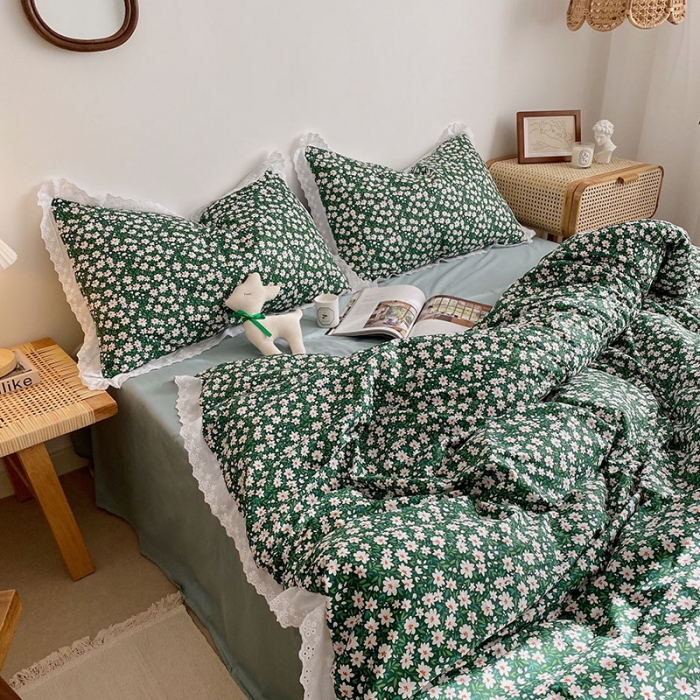 91家纺网 家纺一手货源 找家纺 艾沁 2021新款韩国刺绣花边小碎花系列四件套 抹绿
