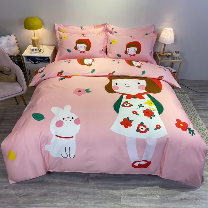 91家纺网 家纺一手货源 找家纺 金爱家 2021新款13372大版全棉卡通四件套 大红帽