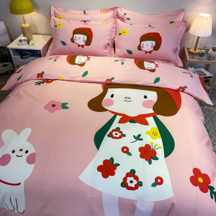 91家纺网 家纺一手货源 找家纺 金爱家 2021新款13372大版全棉卡通四件套 大红帽