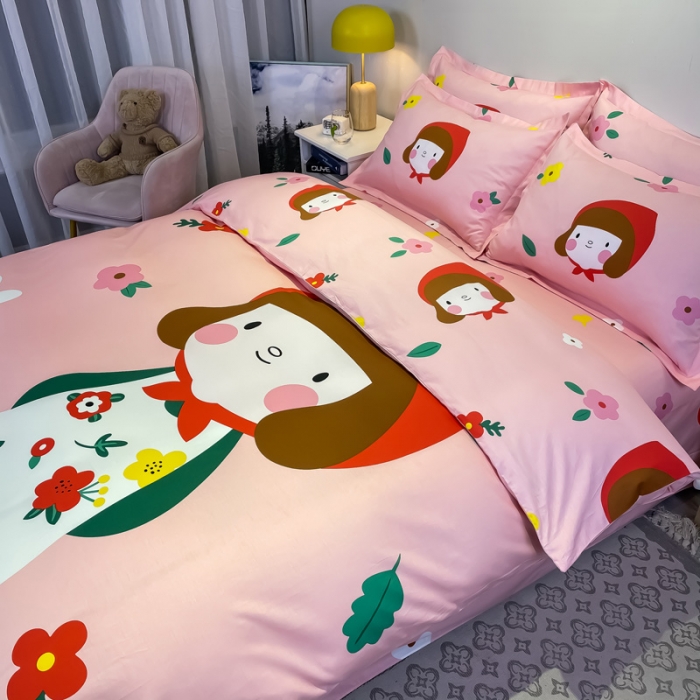 91家纺网 家纺一手货源 找家纺 金爱家 2021新款13372大版全棉卡通四件套 大红帽