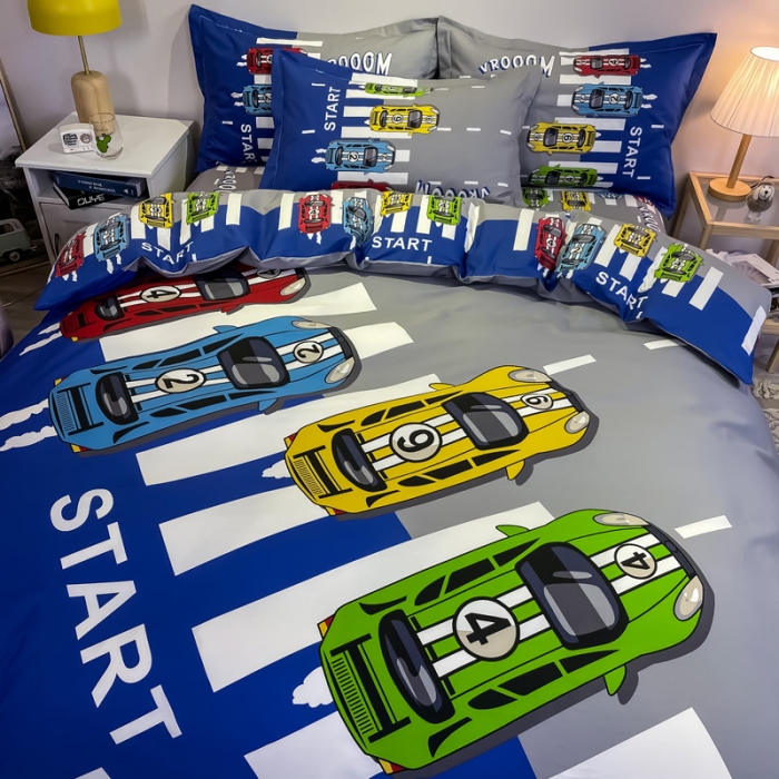 91家纺网 家纺一手货源 找家纺 金爱家 2021新款13372大版全棉卡通四件套 疯狂赛车