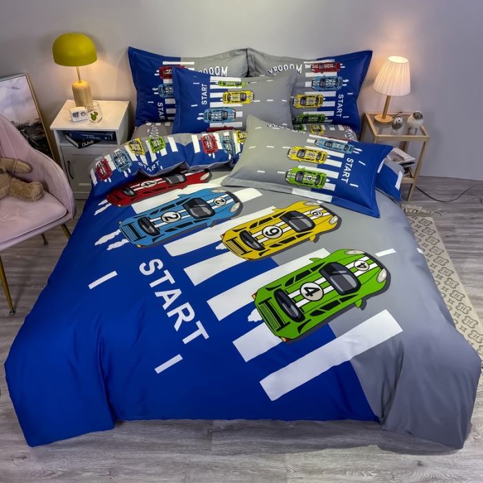 91家纺网 家纺一手货源 找家纺 金爱家 2021新款13372大版全棉卡通四件套 疯狂赛车