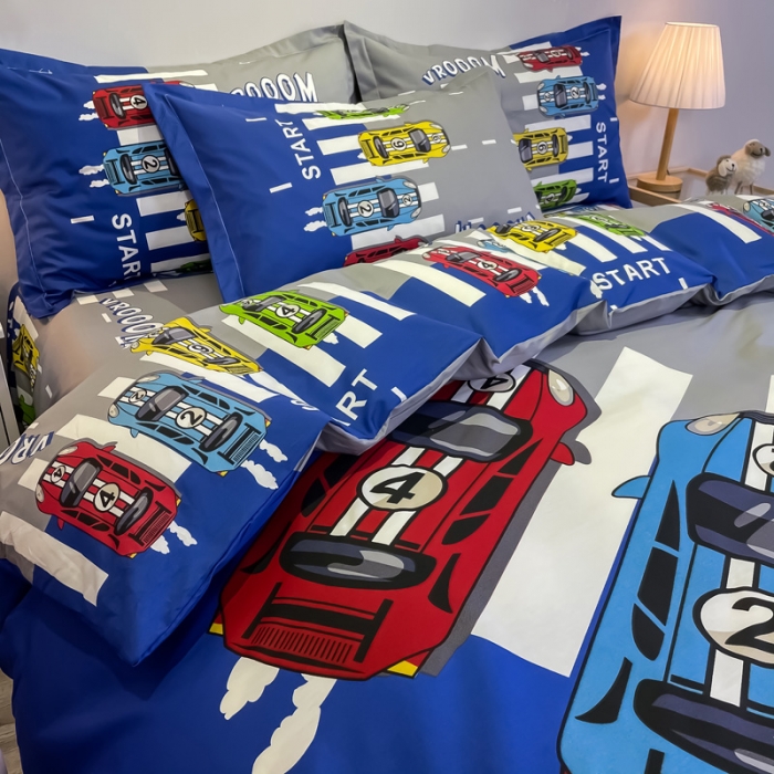 91家纺网 家纺一手货源 找家纺 金爱家 2021新款13372大版全棉卡通四件套 疯狂赛车