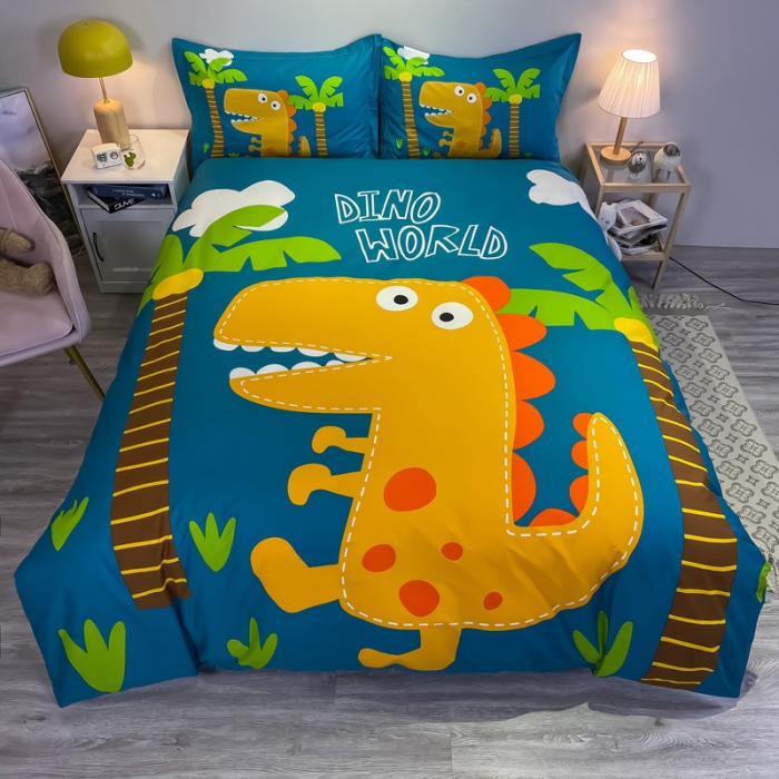 91家纺网 家纺一手货源 找家纺 金爱家 2021新款13372大版全棉卡通四件套 恐龙世界