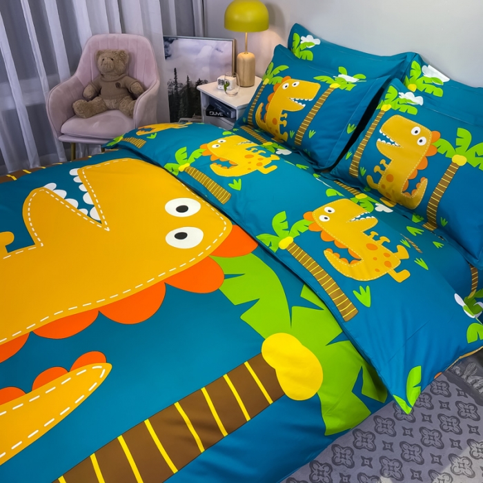 91家纺网 家纺一手货源 找家纺 金爱家 2021新款13372大版全棉卡通四件套 恐龙世界