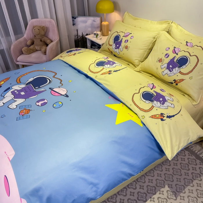 91家纺网 家纺一手货源 找家纺 金爱家 2021新款13372大版全棉卡通四件套 太空
