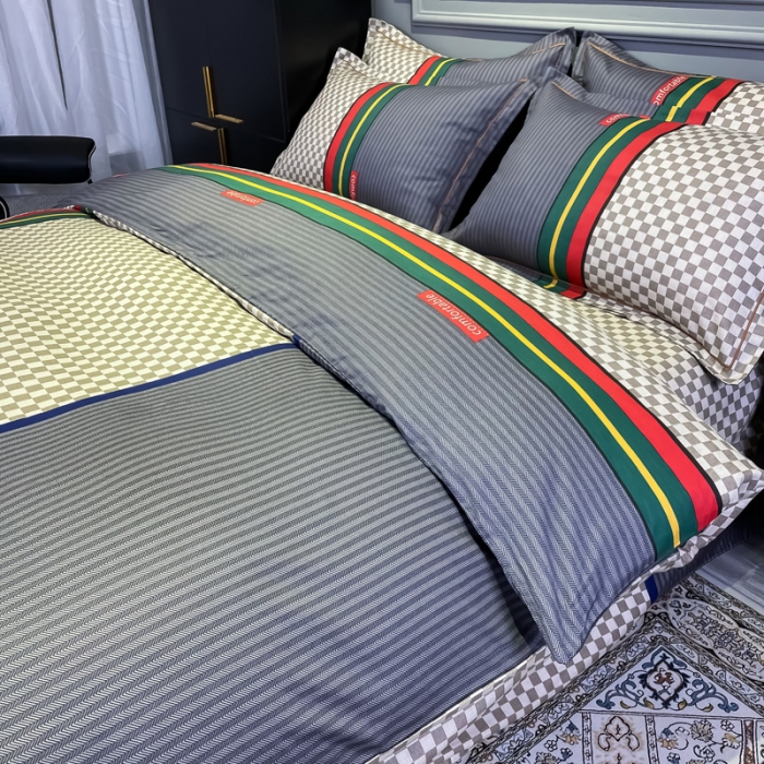 91家纺网 家纺一手货源 找家纺 金爱家 2021新款全棉13372四件套条格简约系列温情北欧