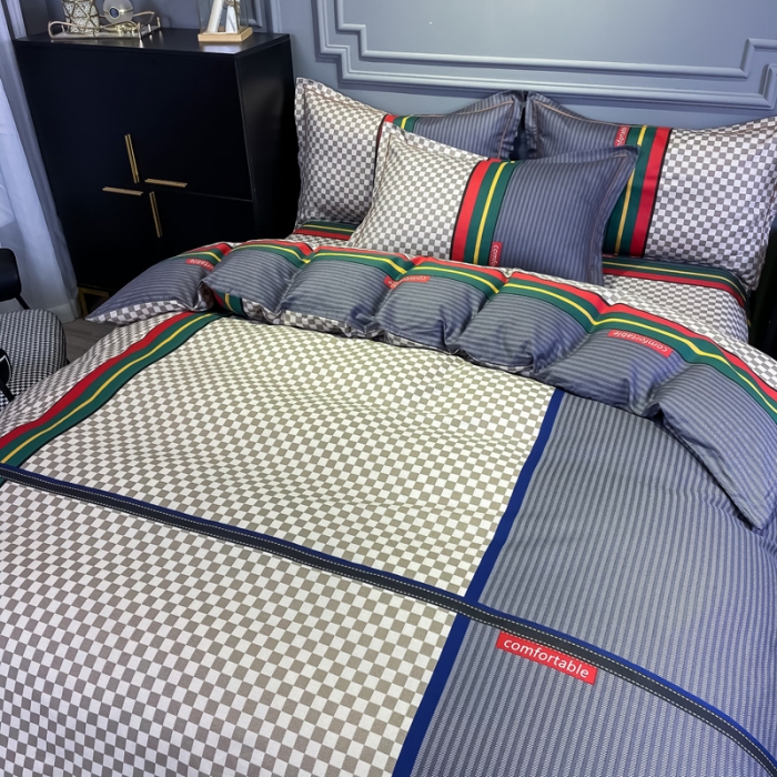 91家纺网 家纺一手货源 找家纺 金爱家 2021新款全棉13372四件套条格简约系列温情北欧