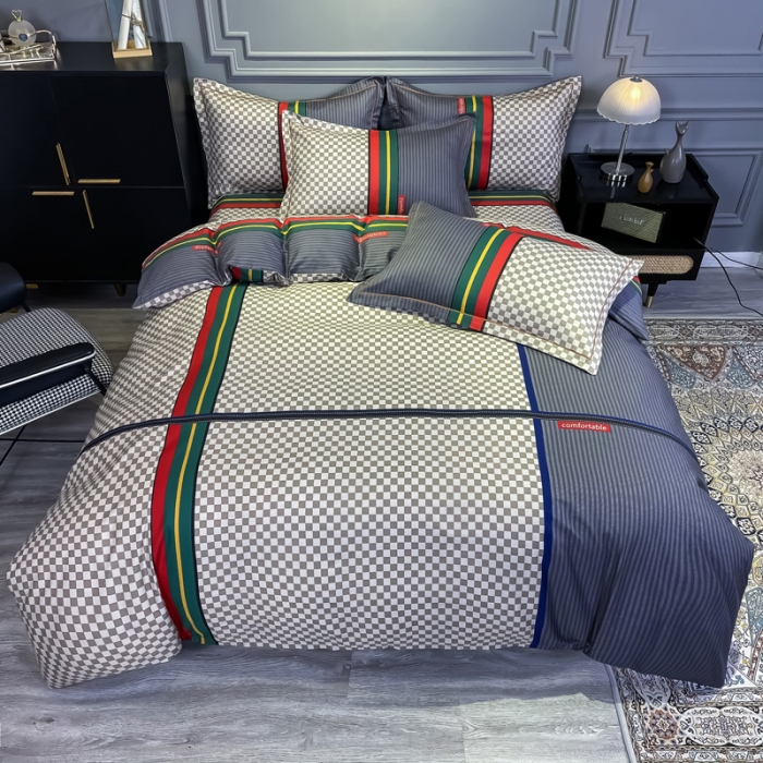 91家纺网 家纺一手货源 找家纺 金爱家 2021新款全棉13372四件套条格简约系列温情北欧