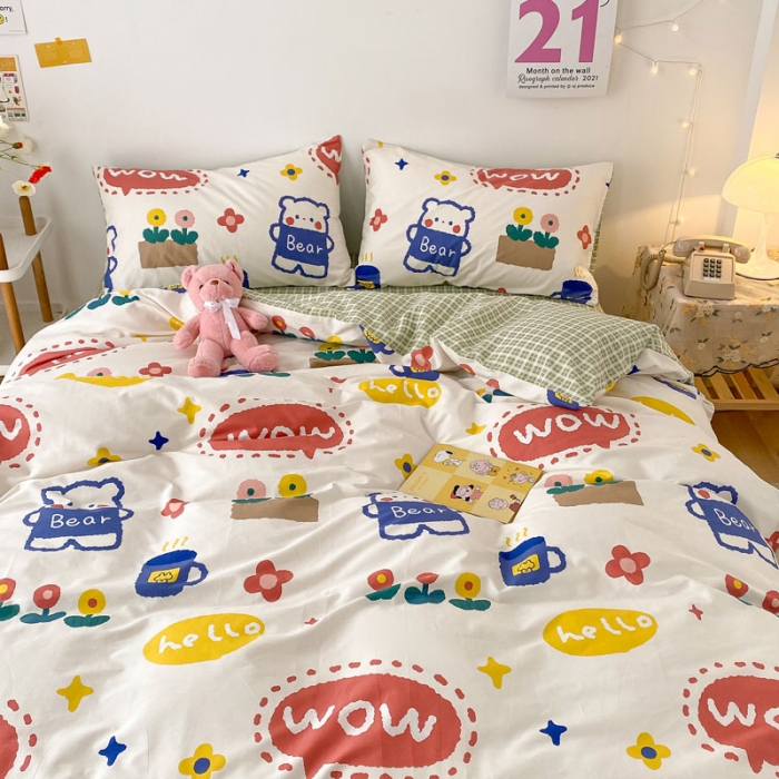 91家纺网 家纺一手货源 找家纺 梦家居 2021春季新品全棉小清新四件套 抱抱熊