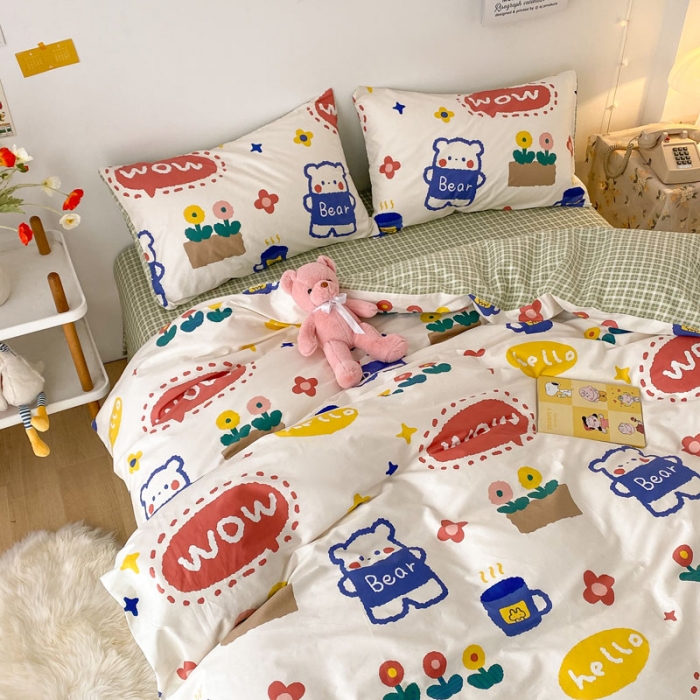 91家纺网 家纺一手货源 找家纺 梦家居 2021春季新品全棉小清新四件套 抱抱熊