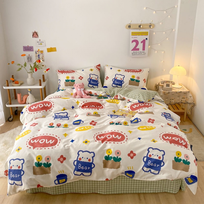 91家纺网 家纺一手货源 找家纺 梦家居 2021春季新品全棉小清新四件套 抱抱熊