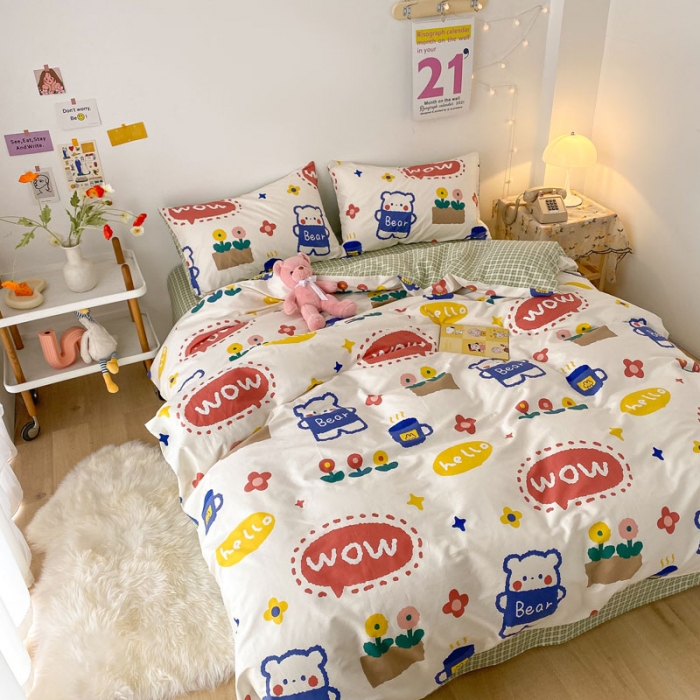 91家纺网 家纺一手货源 找家纺 梦家居 2021春季新品全棉小清新四件套 抱抱熊