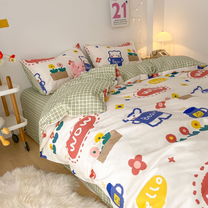 91家纺网 家纺一手货源 找家纺 梦家居 2021春季新品全棉小清新四件套 抱抱熊