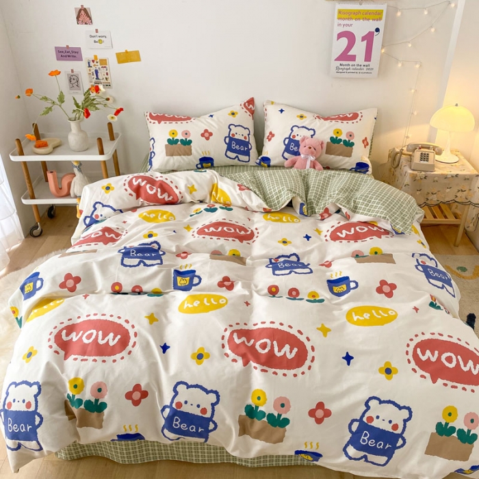 91家纺网 家纺一手货源 找家纺 梦家居 2021春季新品全棉小清新四件套 抱抱熊