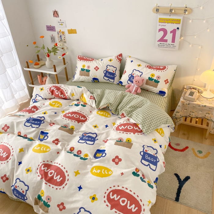 91家纺网 家纺一手货源 找家纺 梦家居 2021春季新品全棉小清新四件套 抱抱熊