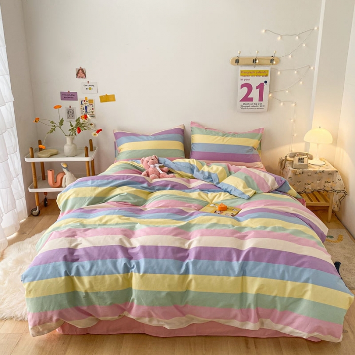 91家纺网 家纺一手货源 找家纺 梦家居 2021春季新品全棉小清新四件套 彩虹条纹