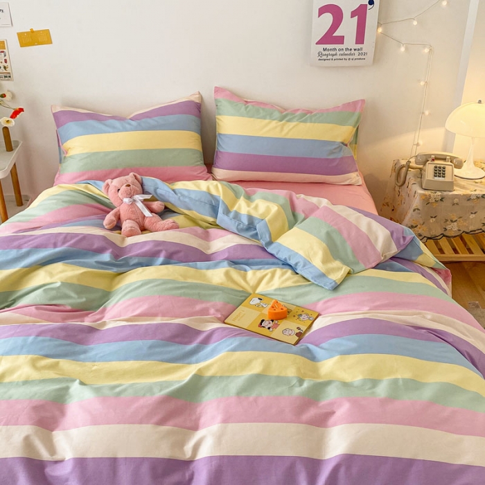 91家纺网 家纺一手货源 找家纺 梦家居 2021春季新品全棉小清新四件套 彩虹条纹