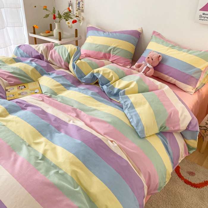 91家纺网 家纺一手货源 找家纺 梦家居 2021春季新品全棉小清新四件套 彩虹条纹