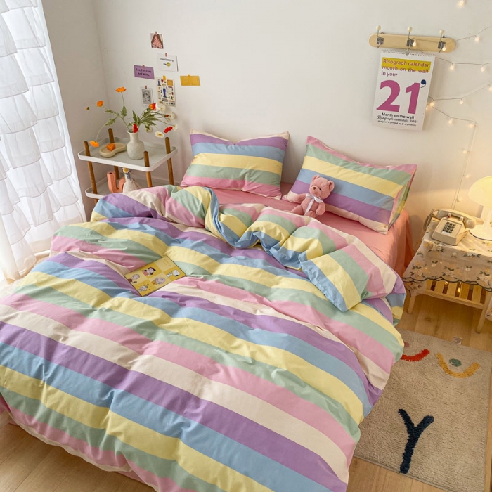 91家纺网 家纺一手货源 找家纺 梦家居 2021春季新品全棉小清新四件套 彩虹条纹