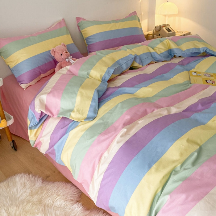 91家纺网 家纺一手货源 找家纺 梦家居 2021春季新品全棉小清新四件套 彩虹条纹