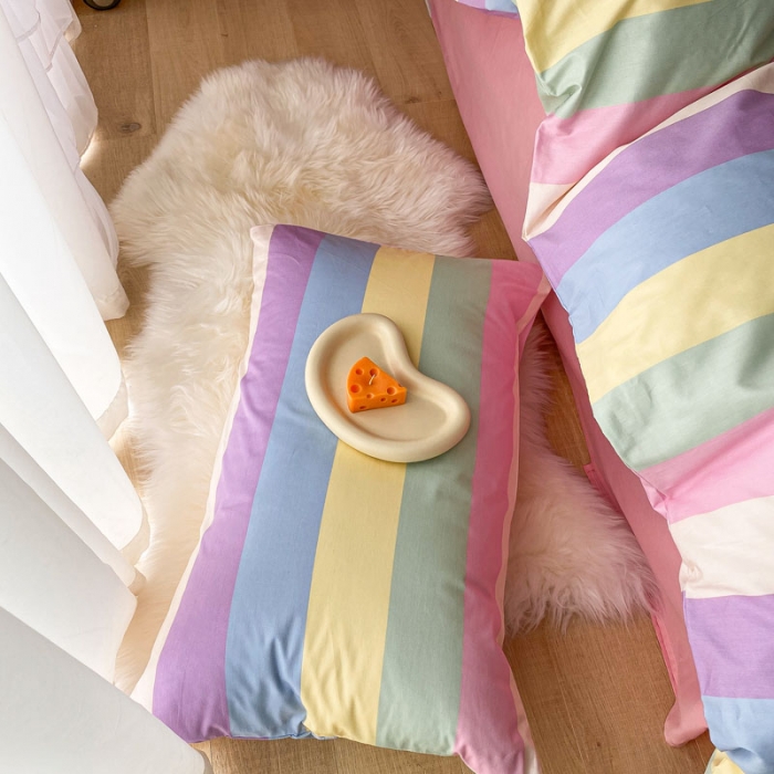 91家纺网 家纺一手货源 找家纺 梦家居 2021春季新品全棉小清新四件套 彩虹条纹