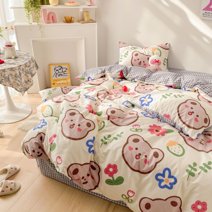 91家纺网 家纺一手货源 找家纺 梦家居 2021春季新品全棉小清新四件套 大脸熊