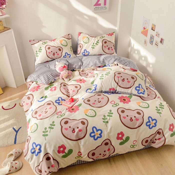 91家纺网 家纺一手货源 找家纺 梦家居 2021春季新品全棉小清新四件套 大脸熊