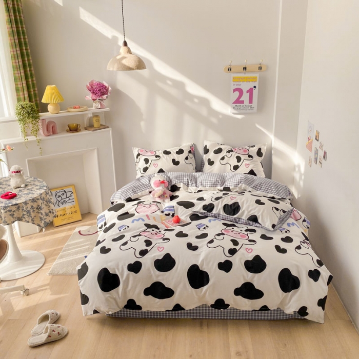 91家纺网 家纺一手货源 找家纺 梦家居 2021春季新品全棉小清新四件套 小奶牛