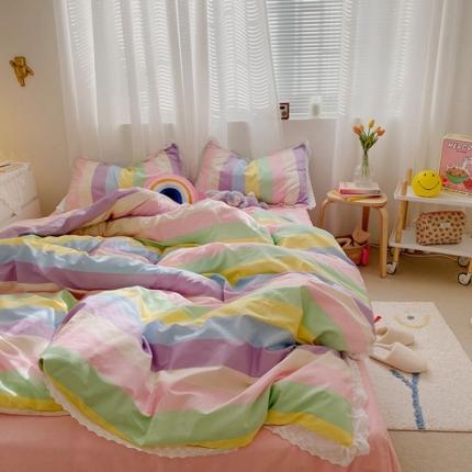 91家纺网 家纺一手货源 找家纺 （总）艾沁 2021新款纯棉彩色条格刺绣花边系列四件套