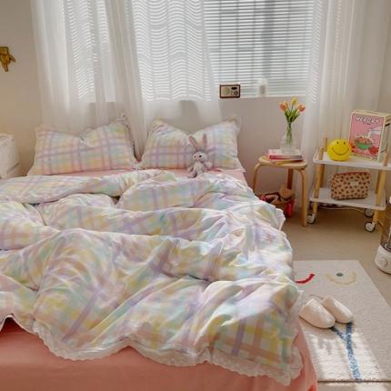 91家纺网 家纺一手货源 找家纺 （总）艾沁 2021新款纯棉彩色条格刺绣花边系列四件套