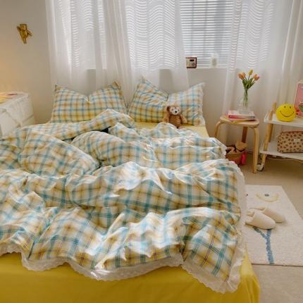 91家纺网 家纺一手货源 找家纺 （总）艾沁 2021新款纯棉彩色条格刺绣花边系列四件套