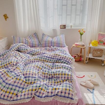 91家纺网 家纺一手货源 找家纺 （总）艾沁 2021新款纯棉彩色条格刺绣花边系列四件套