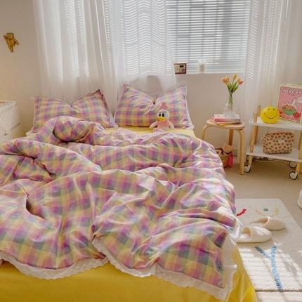 91家纺网 家纺一手货源 找家纺 艾沁 2021新款纯棉彩色条格刺绣花边系列四件套 幻格