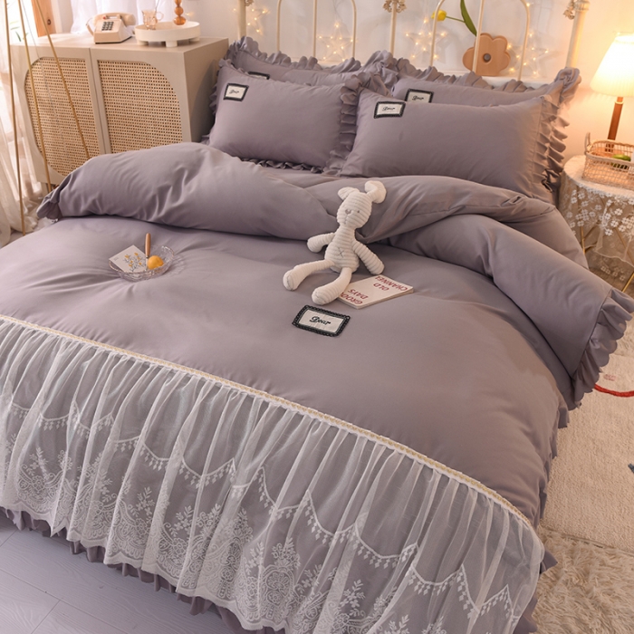 91家纺网 家纺一手货源 找家纺 梦之岛2021新款倾心韩版磨毛蕾丝床单款床裙款四件套 倾心-奥丁灰