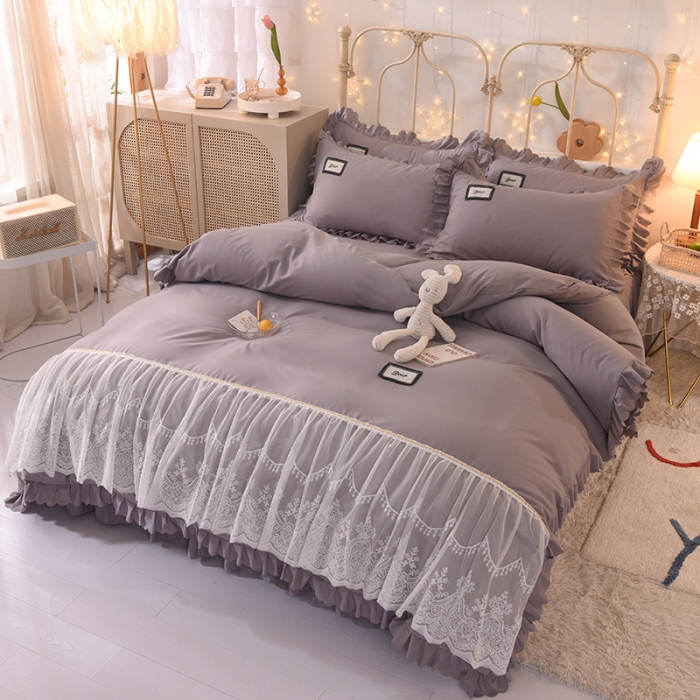 91家纺网 家纺一手货源 找家纺 梦之岛2021新款倾心韩版磨毛蕾丝床单款床裙款四件套 倾心-奥丁灰