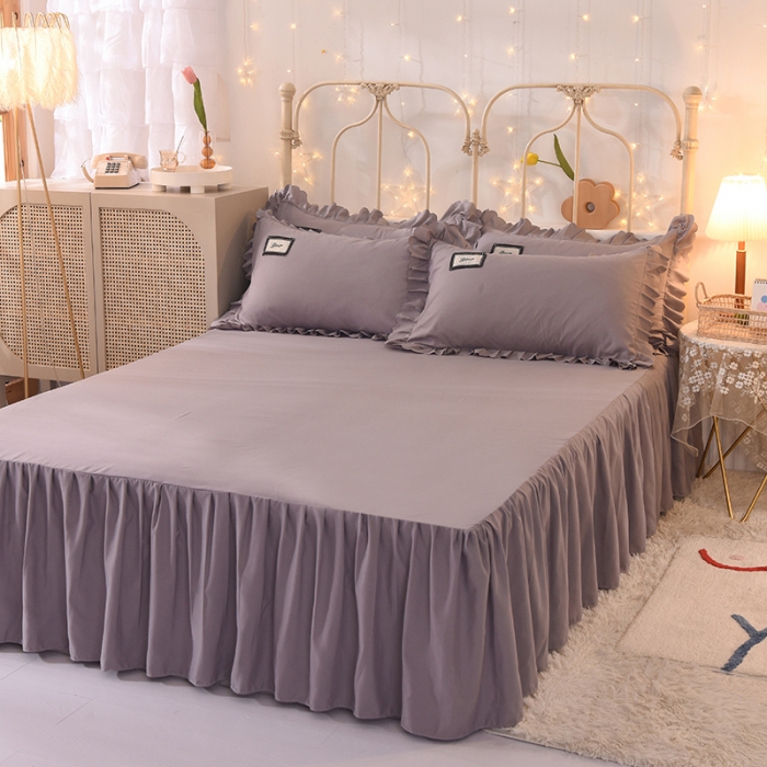 91家纺网 家纺一手货源 找家纺 梦之岛2021新款倾心韩版磨毛蕾丝床单款床裙款四件套 倾心-奥丁灰