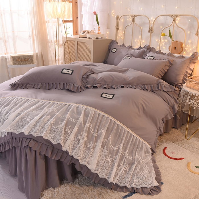 91家纺网 家纺一手货源 找家纺 梦之岛2021新款倾心韩版磨毛蕾丝床单款床裙款四件套 倾心-奥丁灰