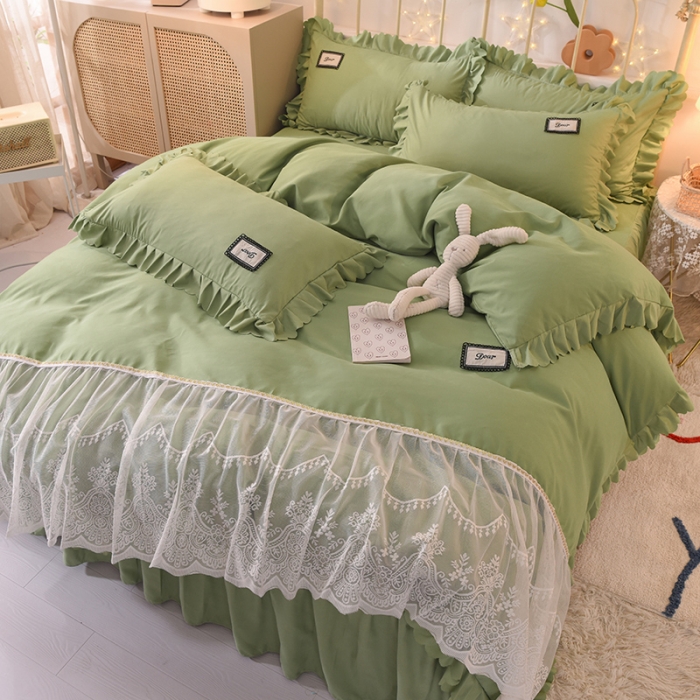 91家纺网 家纺一手货源 找家纺 梦之岛2021新款倾心韩版磨毛蕾丝床单款床裙款四件套 倾心-菲尼绿