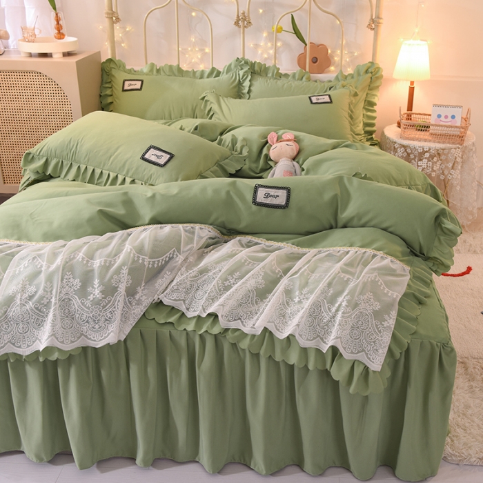 91家纺网 家纺一手货源 找家纺 梦之岛2021新款倾心韩版磨毛蕾丝床单款床裙款四件套 倾心-菲尼绿
